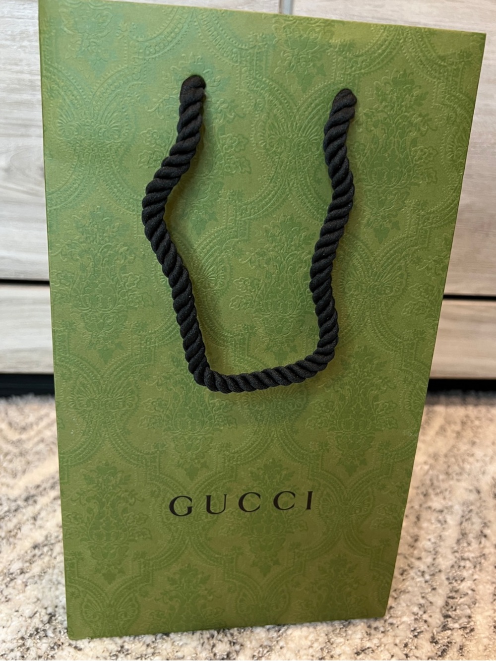 Gucci Authentic Olive Green Logo Gift Bag with Black Rope Handles